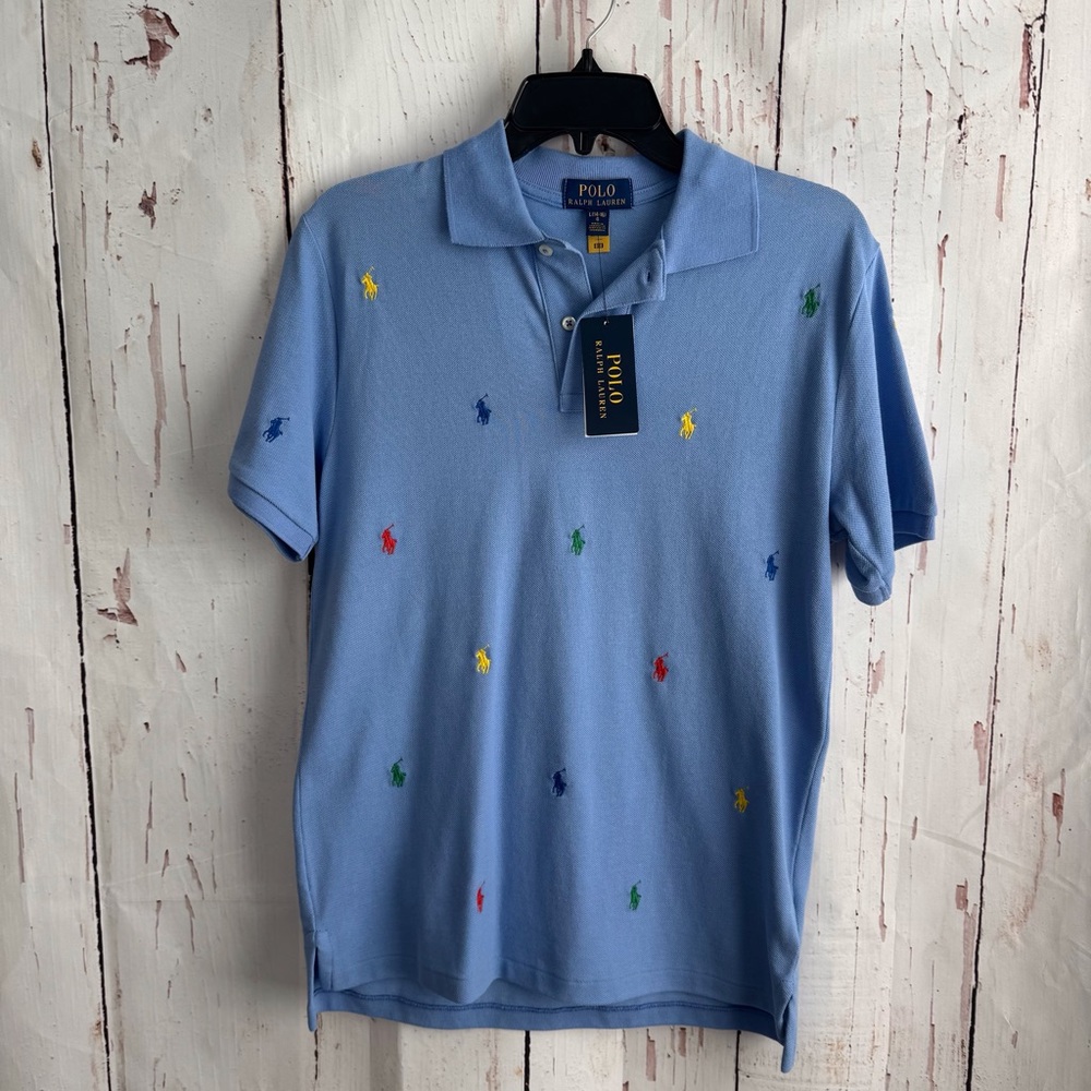 Ralph Lauren Boy’s Light Blue Polo with Multicolor Embroidery Large 14/16